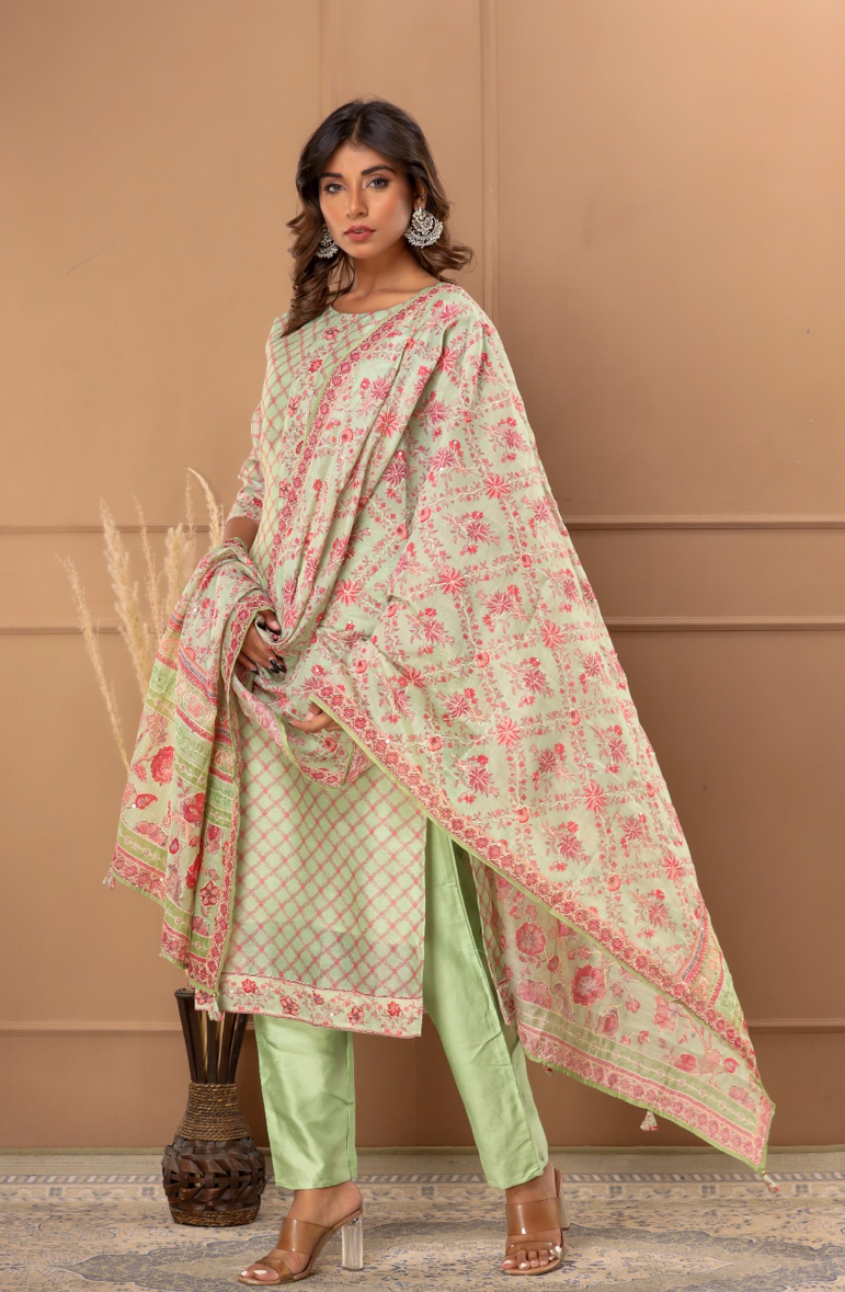 Chanderi  Suit -Green Katha Handwork