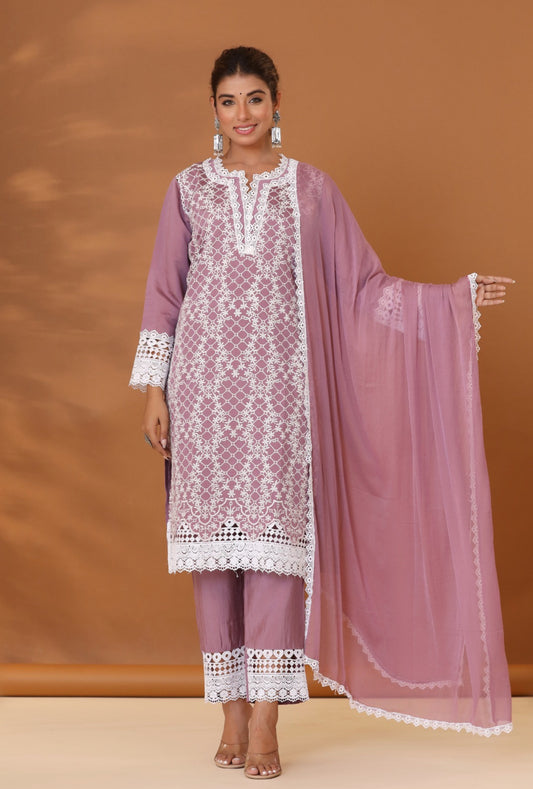 Lovely Lilac Cotton Embroidery Suit