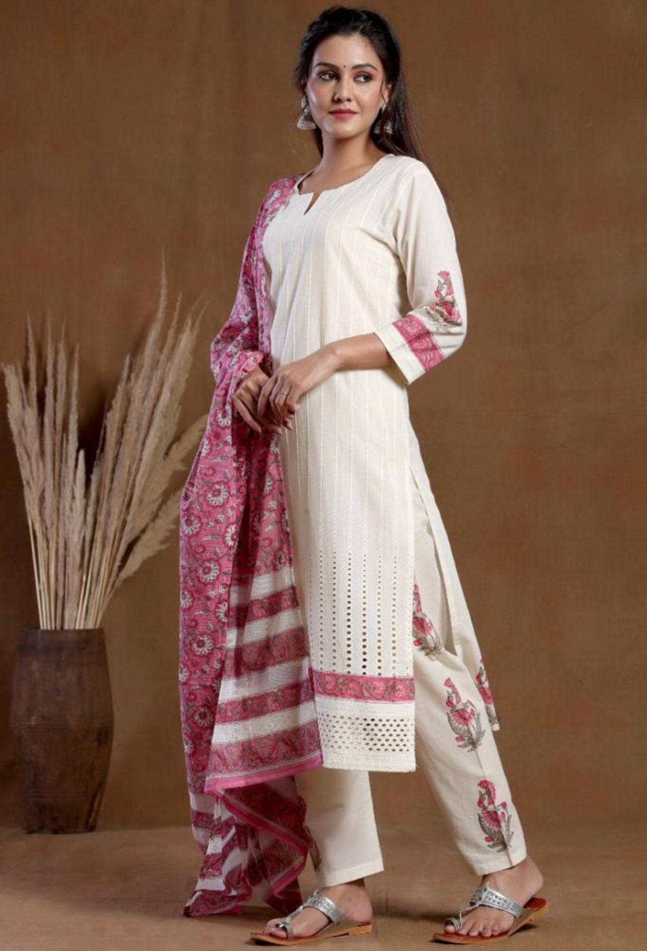 Schiffli Cotton with Pink Kota Dupatta