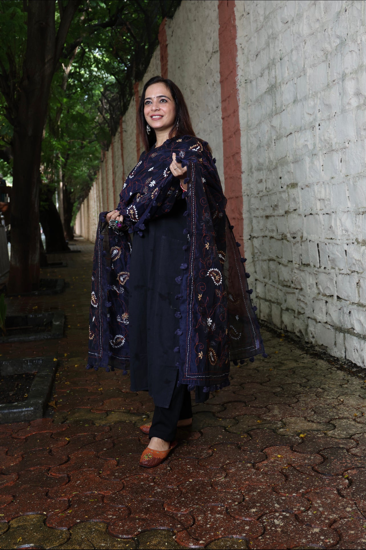 Navy Blue with Overall Embroidery Dupatta