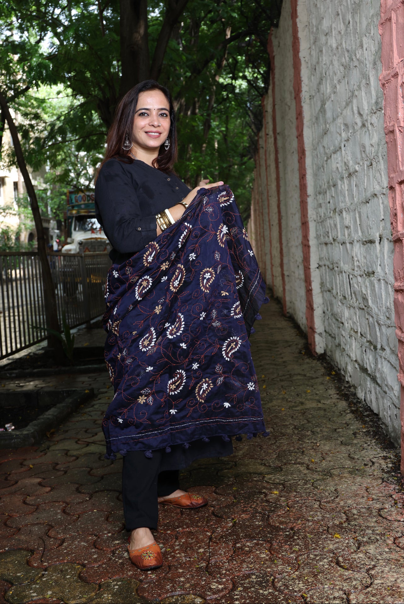 Navy Blue with Overall Embroidery Dupatta