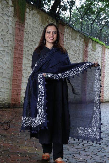 Navy Blue with White Border Dupatta