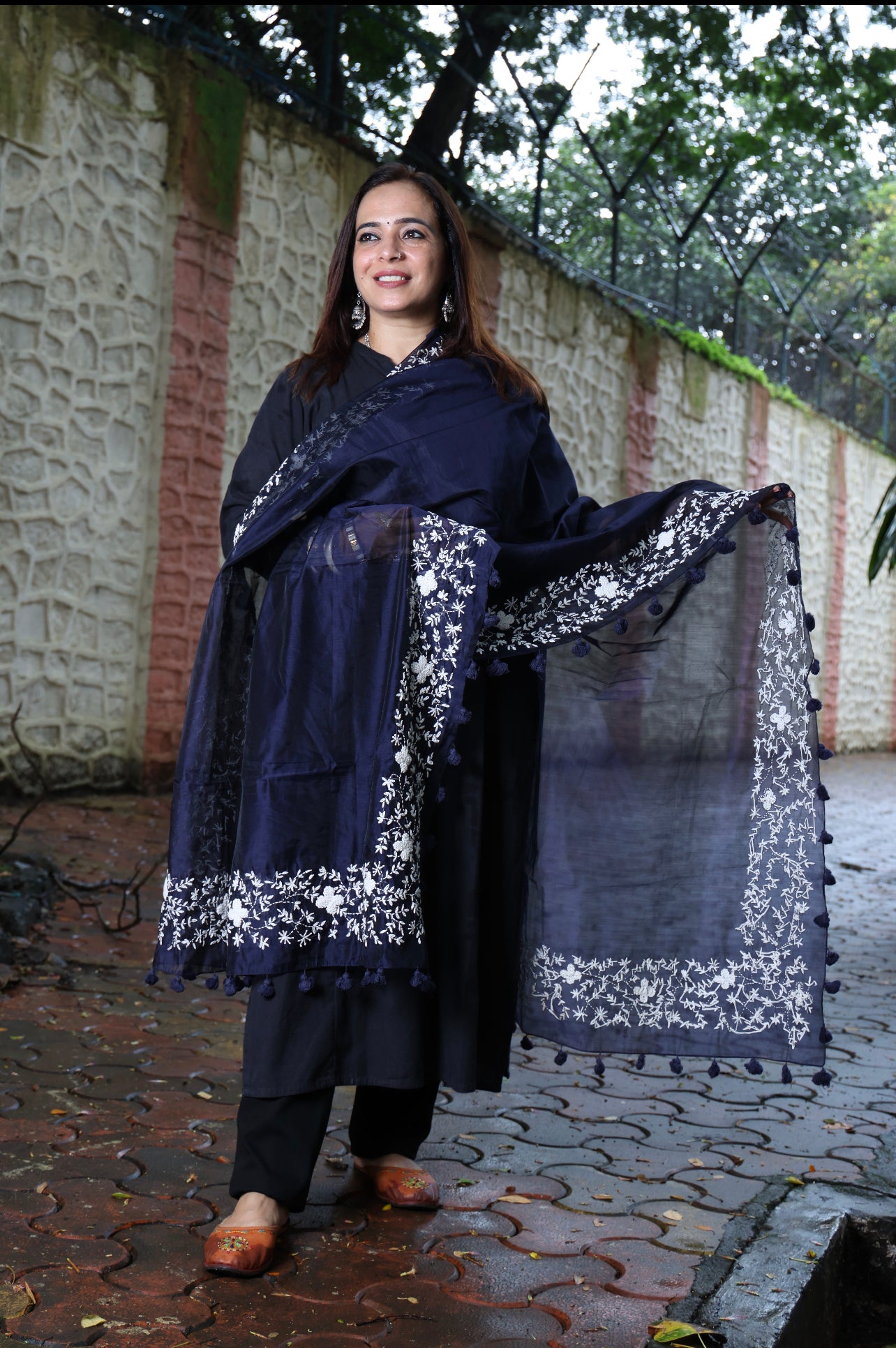 Navy Blue with White Border Dupatta