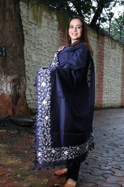 Navy Blue with White Border Dupatta