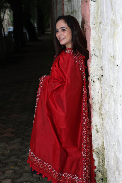 Red Hand Embroidered Dupatta