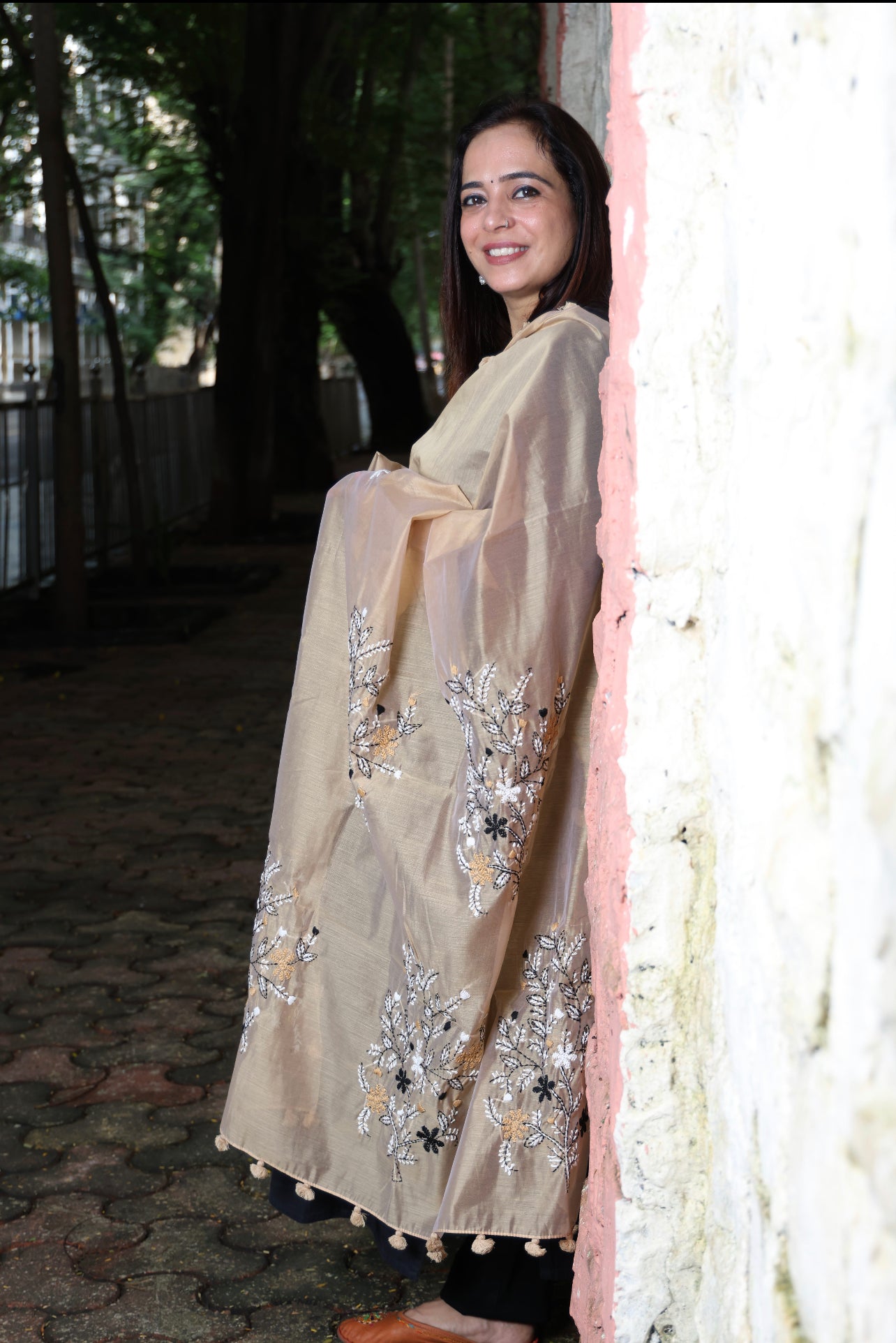 Beige - White Hand Embroidered Dupatta