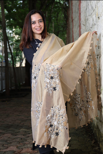 Beige - White Hand Embroidered Dupatta