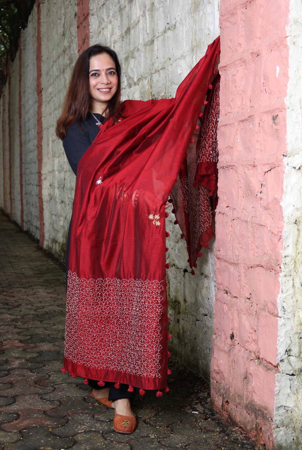 Red Dupatta with Handwork