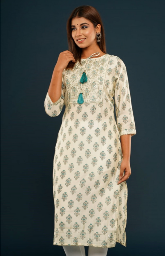 Muslin Kurta with Emerald Motifs