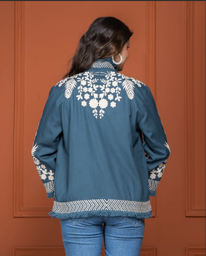 Cobalt Blue Cape With   Off white Embroidered