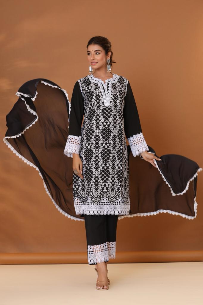 Classy Black Cotton Embroidery Suit