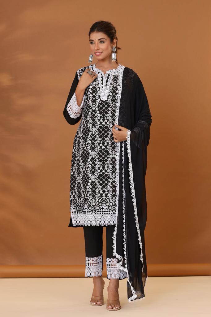 Classy Black Cotton Embroidery Suit